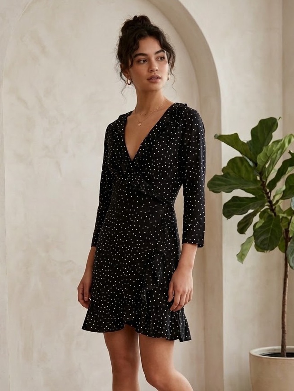 ONLY Ruffle Faux Wrap Mini Black Dress Polka Dot Sz 4-6